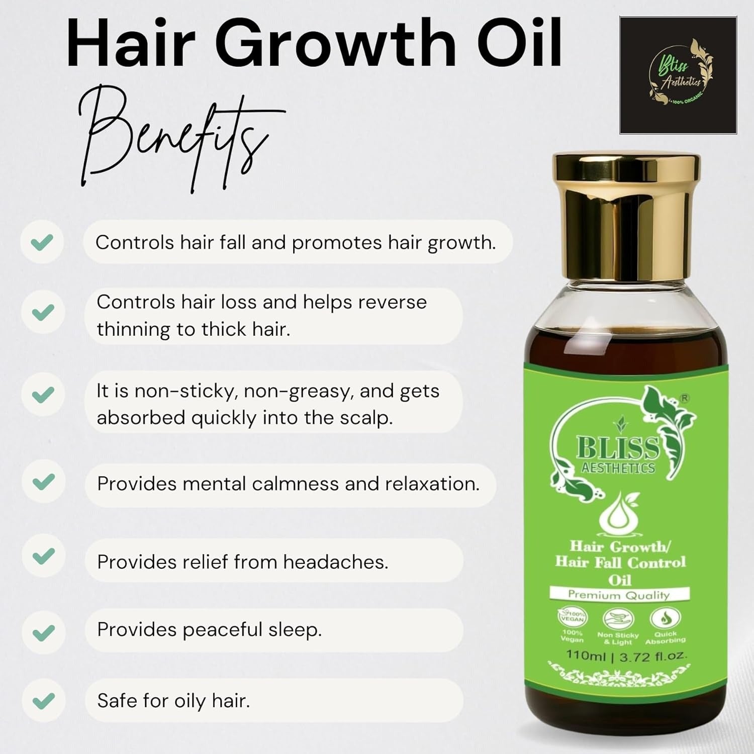 Bliss Aesthetics Hair Fall Control Oil | Ayurvedic Formula with Amla & Methi | Non-Sticky & Lightweight | Reduces Hair Fall & Strengthens Roots (110ml)